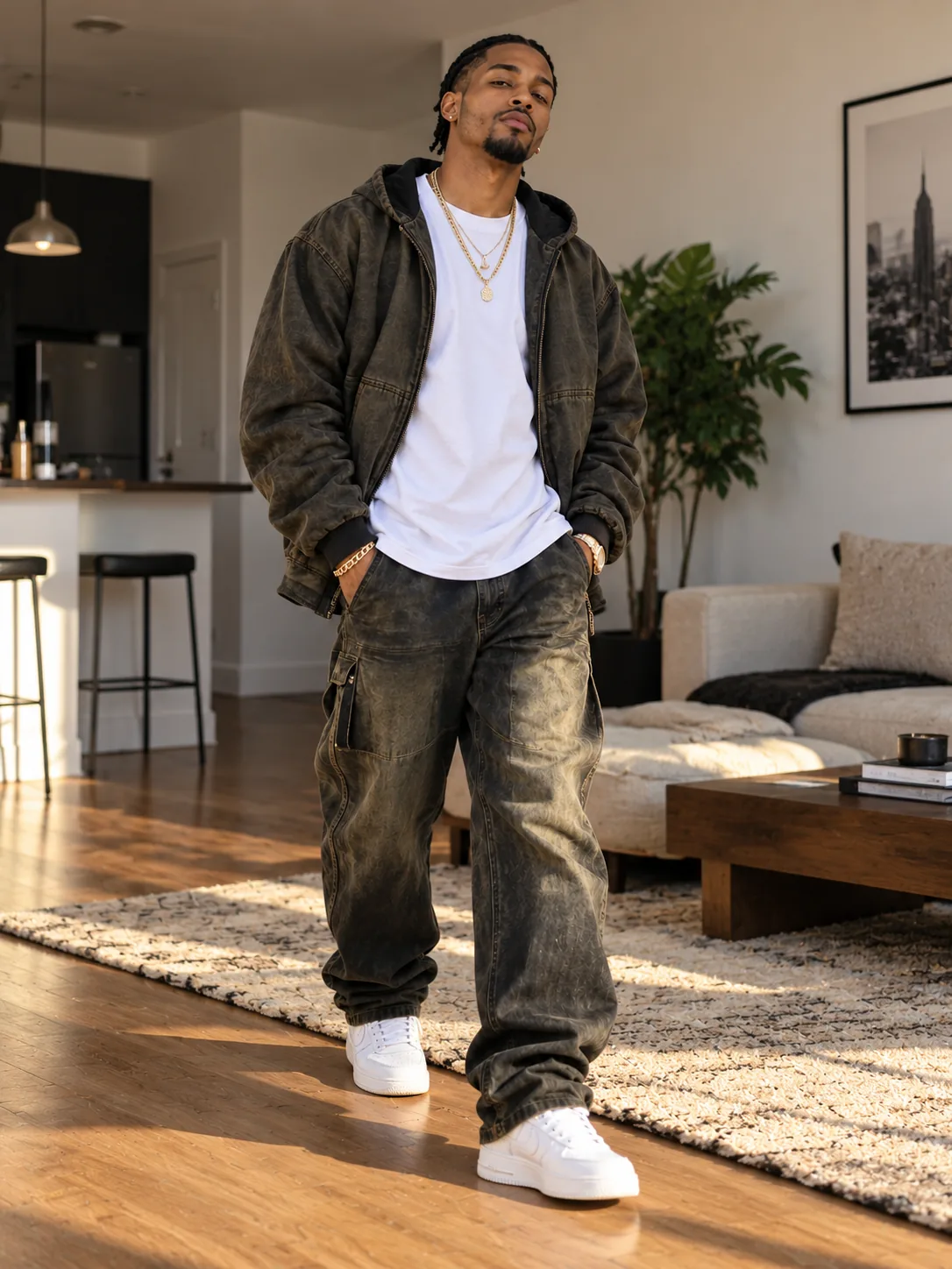 Full-length portrait of a man wearing a dark patterned jacket, white T-shirt, dark cargo trousers, and white sneakers in a bright living room.