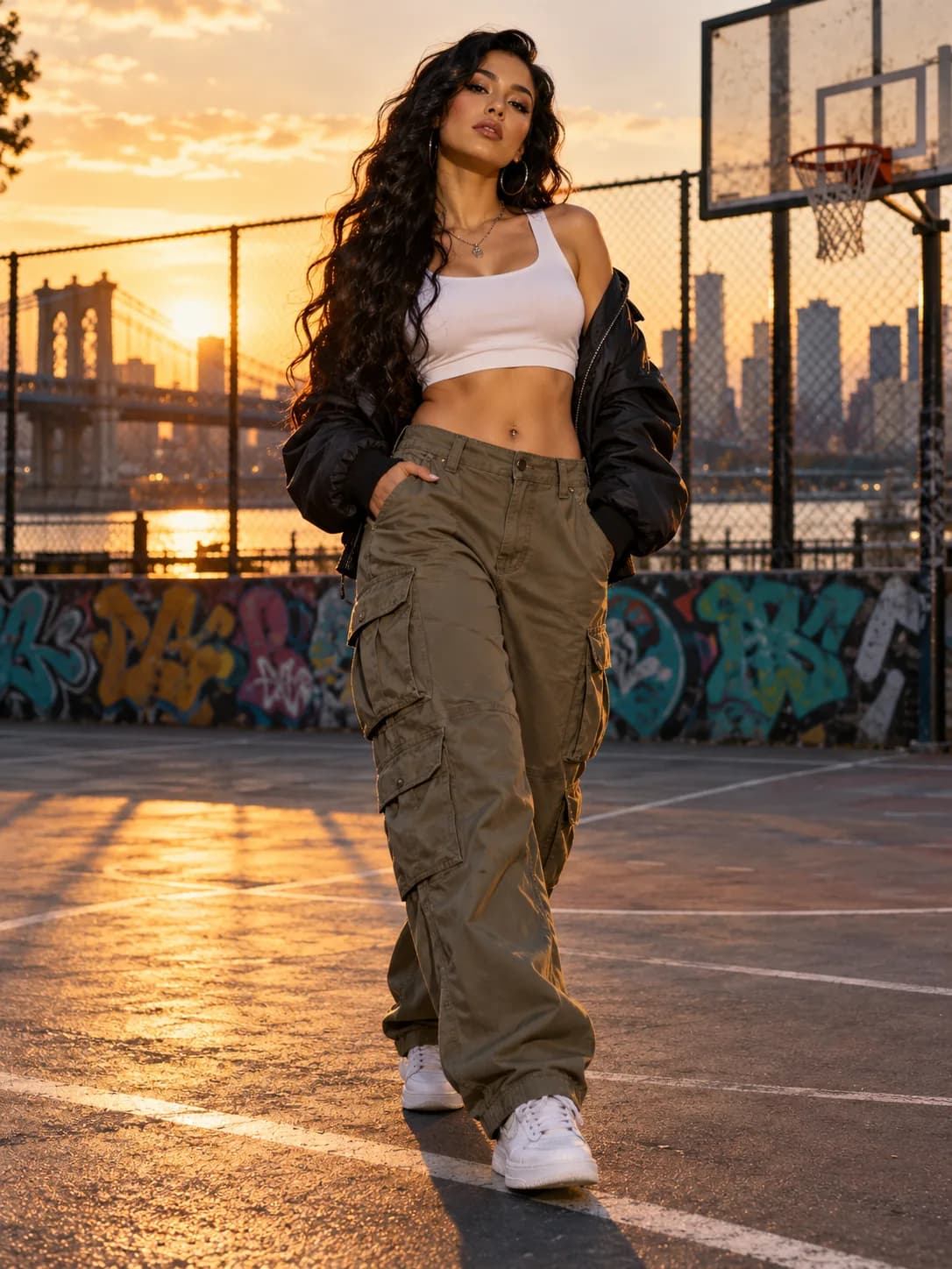 Full-length portrait of a woman with long dark hair wearing a white top, black jacket, olive cargo pants, and white sneakers on a basketball court at sunset.