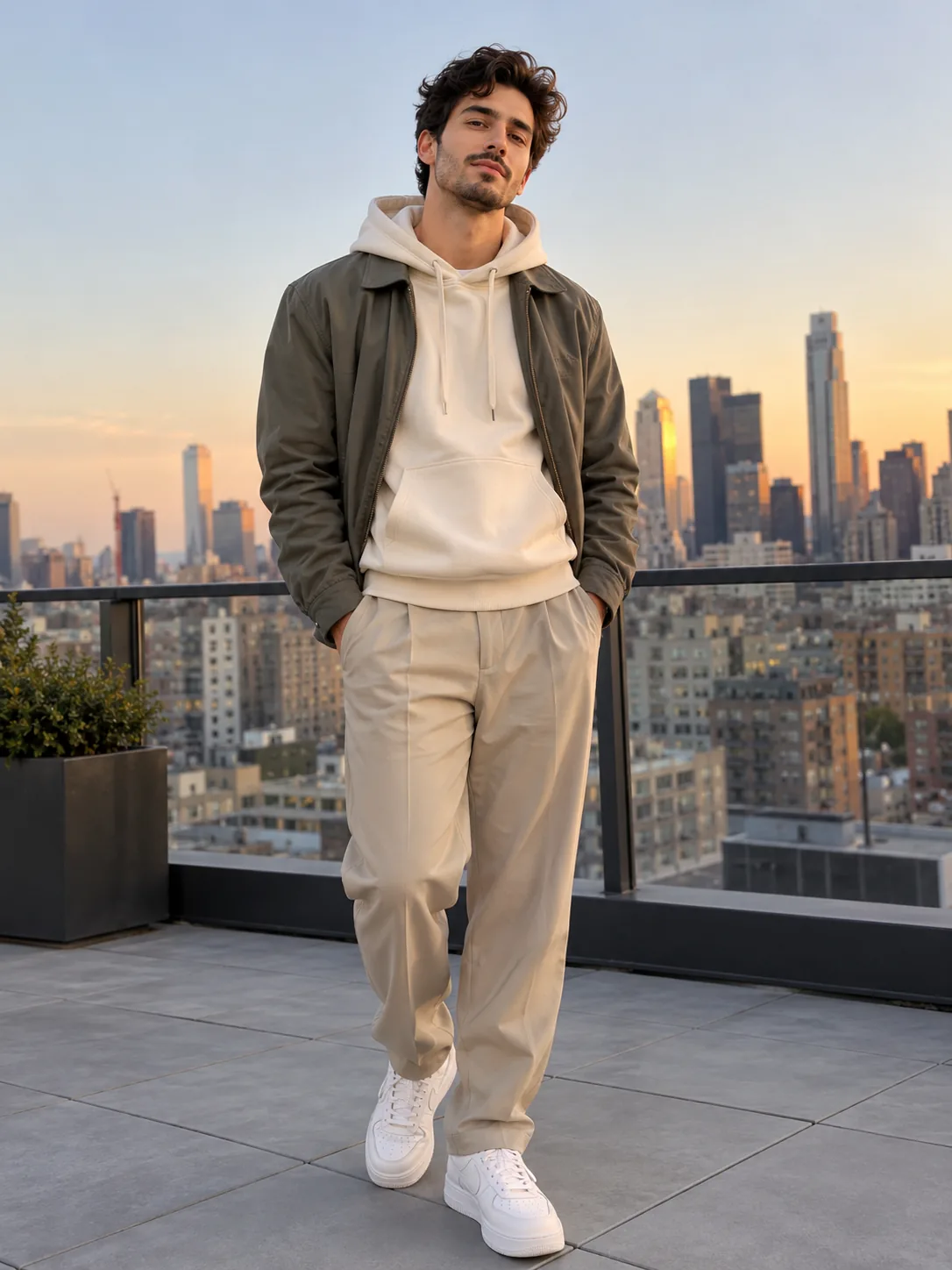 Full-length portrait of a man in an olive jacket, cream hoodie, and light trousers on a rooftop overlooking the city at dusk.